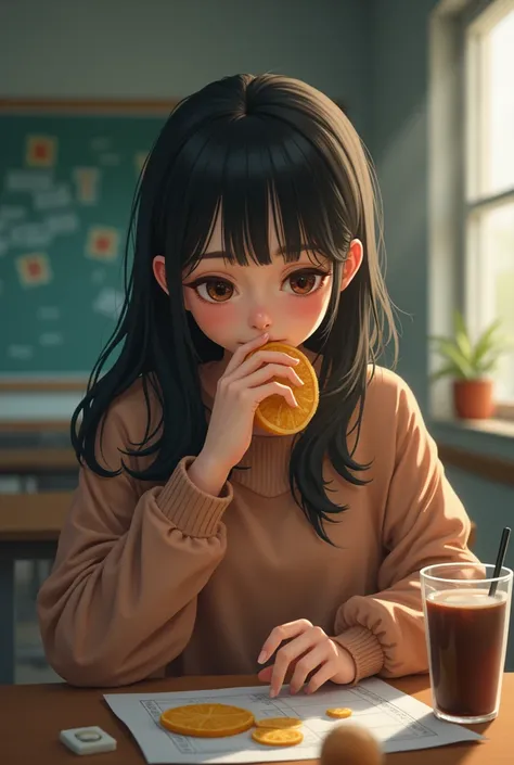 Its a woman 。 the teeth are small 。The eyes are small . the sweater is nice。 are round 。 the eyes are small 。 the eyes are small 。 she is very hungry 。Kamigachairo。This woman is in school。。