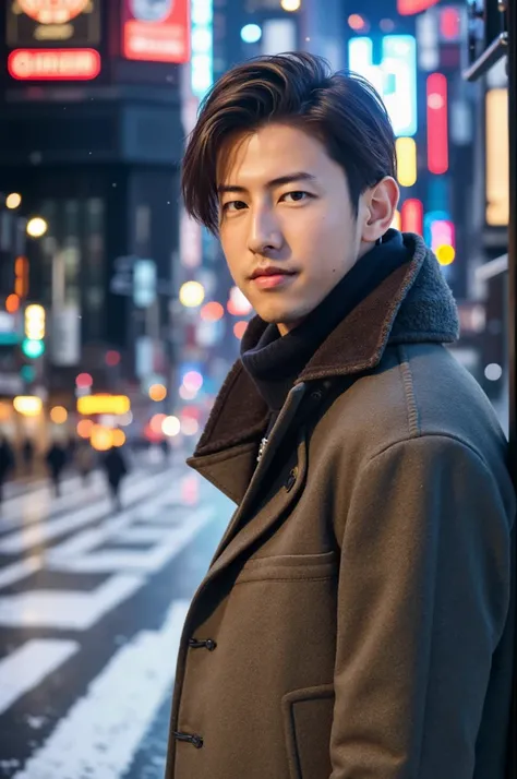 Photorealsitic, 8K full body poster, a handsome, a 25-year-old man, A charming expression, detailed face details, TOKYOcty, Winters, Shibuya in the background