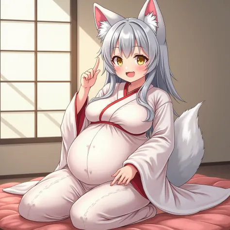  anime girl,  huge breasts  , Anime style,  huge breasts  , pregnant,  big belly , yellow eyes ,  high quality, держит рукой свой самый  big belly  в мире, big breasts , Houses, big belly ,  grey hair,  kimono dress ,Houses, Smile , Fox ears, fluffy long t...