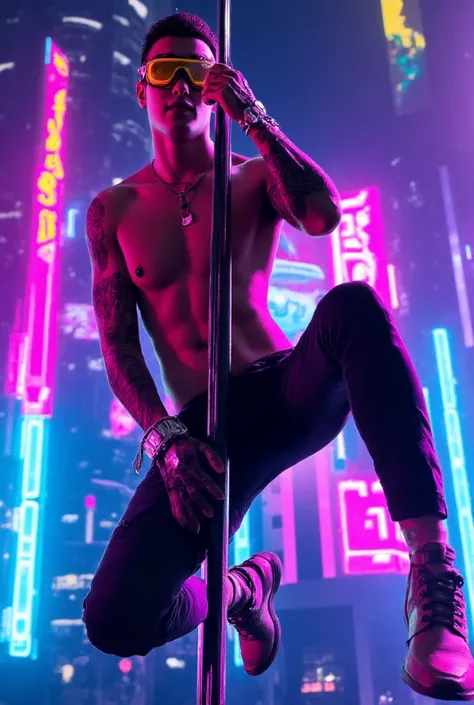 a young adult male cyberpunk pole dancer, ((pole dancing pose)), Colorful lighting, stunning backdrops,Timothee Chalamet, close-up portrait, best quality, masterpiece, Full Body Focus