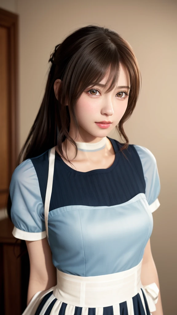 8k,  best quality, masterpiece:1.2), (Realistic,  photorealistic :1.37),  best quality, masterpiece,  beautiful young woman, A thoughtful look ,、 attractive、そして attractive表情,  cute maid clothes,  hair tied at the back ,  cinematic background with classy at...