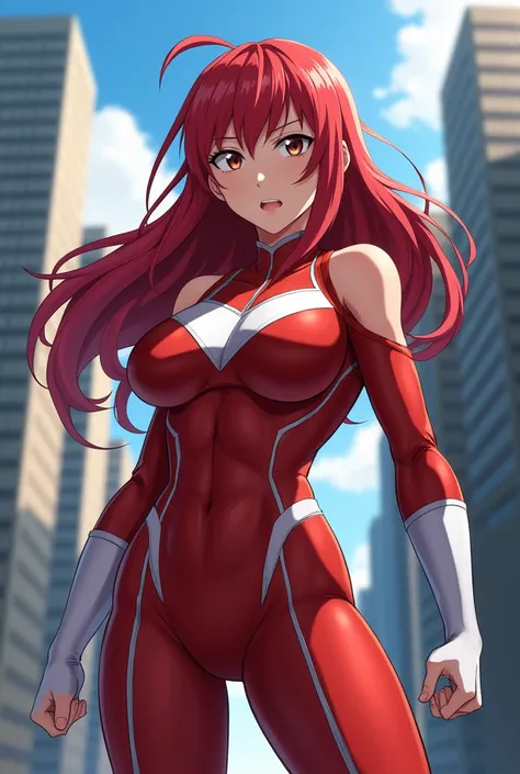   My Hero Academia Style ,   anime girl , woman, young woman ,  full body shot ,( Fighting Stance :1.3), long hair, Red Hair,   Brown Eyes , hero suit, Full Body Suit,  red suit with white details,   Perfect Anatomy  ,  enhanced abs , super detailed,(build...