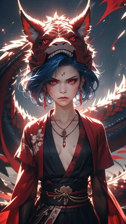 A fierce and confident woman with a glowing katana, dressed in a traditional red and black kimono with floral patterns. Her face and body are adorned with intricate dragon tattoos, and her piercing red eyes radiate intensity. The katana emits vibrant blue ...