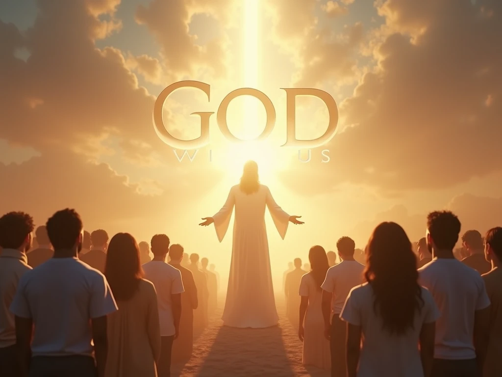 " An imposing scene showing a divine figure ,  who represents God ,  standing among a group of people in a peaceful and serene environment .  The figure radiates a soft and radiant light that envelops those who surround ,  symbolizing the presence of God a...