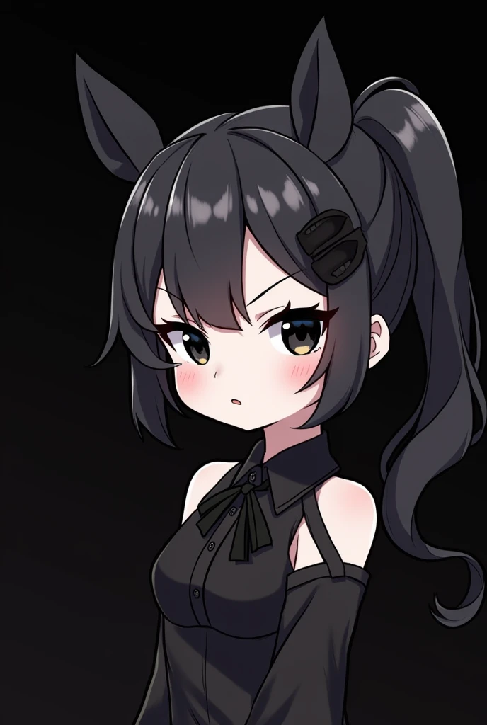 An anime-style illustration of a Roblox Girl character with black hair and white skin and wearing a black back bustles and a black art deco hair clip and a mischevious face with black eyes and a black sleeve with black Royal background 