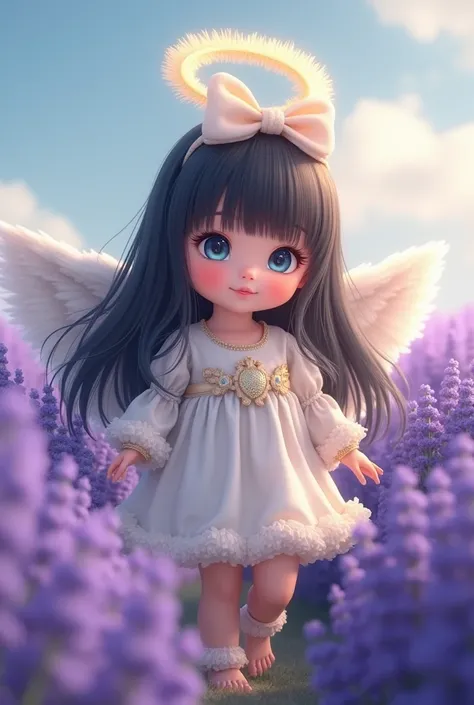 A High Resolution ,  Long hair, Rice,  black hair, hair,  Fringe between the eyes,  very long hair , Hair bow,  best quality,  Blue Eyes,  baby dressed in angel clothing with a feupud halo walking through a lavender field realistic 