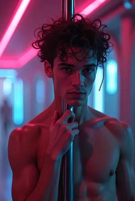 (a young adult male), cyberpunk pole dancer, ((pole dancing pose)), colorful neon lighting, stunning futuristic backdrops, Timothee Chalamet, close-up portrait, (best quality,4k,8k,highres,masterpiece:1.2),ultra-detailed,(realistic,photorealistic,photo-rea...