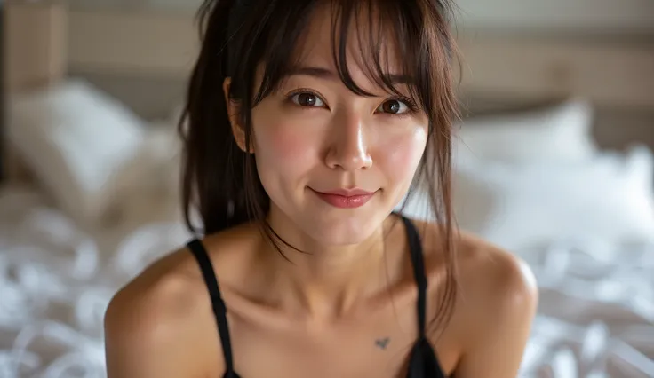 (( High Quality、8k、Master Pee:1.3))、1 Girl、A beautiful woman with slim abs:1.3、( casual hairstyle、Super Boobs:1.4)、underwear:1.2、Super detailed face、Delicate eyes、 double eyelids、Soft Breasts、Smiling expression、Super exposed cleavage、whole body、 bed、 black...