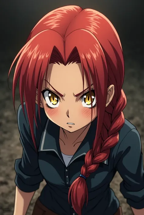 girl with red hair and yellow eyes, hair braided into a pigtail, has freckles, dark uniform, in the style of Attacks On Titans anime, MAPPA