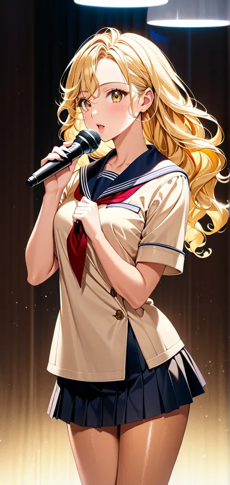 Ultra high resolution, rich colors, perfect image, top quality, detailed image, beautiful single woman, glowing skin, skin and clothing texture, delicate eyes, karaoke booth background, winter beige sailor uniform, black mini skirt, loose socks, holding mi...