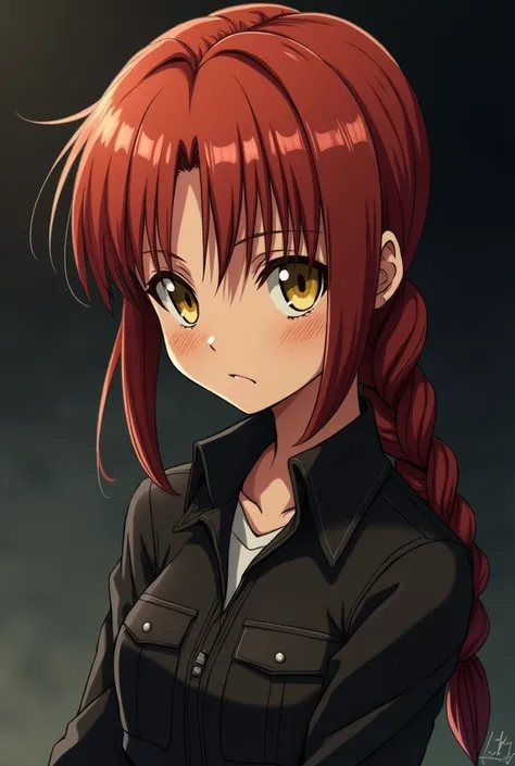 girl with red hair and yellow eyes, hair braided into a pigtail, has freckles, dark uniform, in the style of Attacks On Titans anime, MAPPA