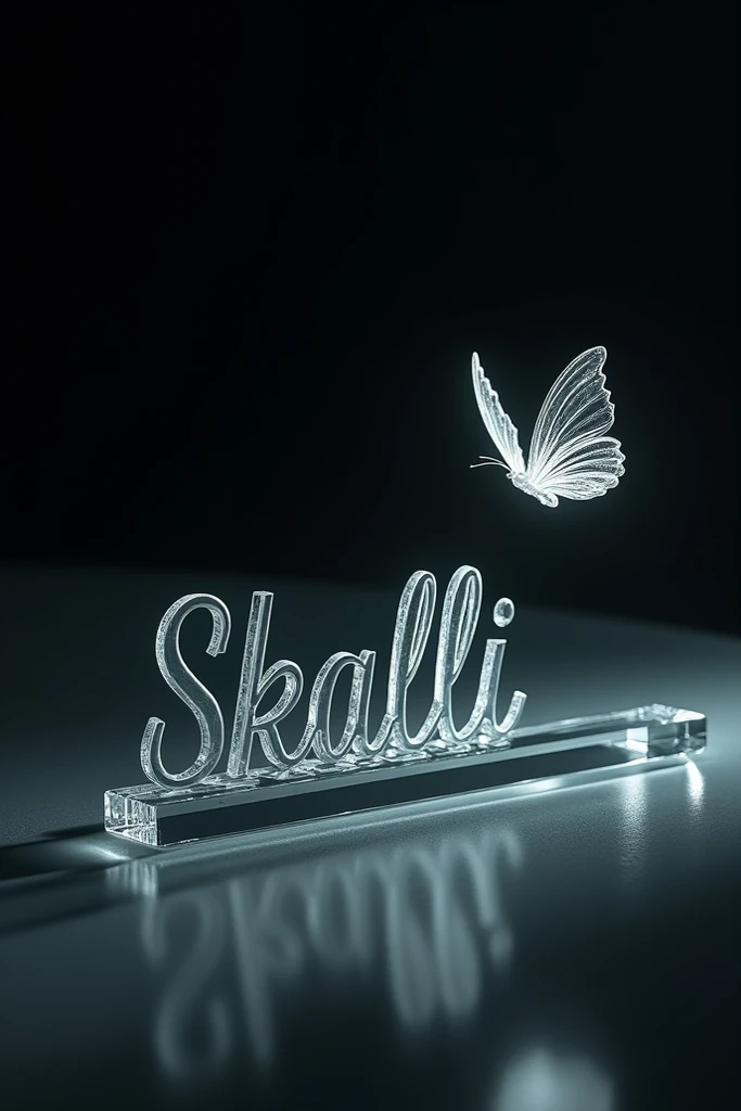 Create a 3D image where a glass stick is lying on the ground and the name SKAlli is written on it in glass letters and a glass butterfly is flying over the name and the light is falling on the stick from the sied, the background is black