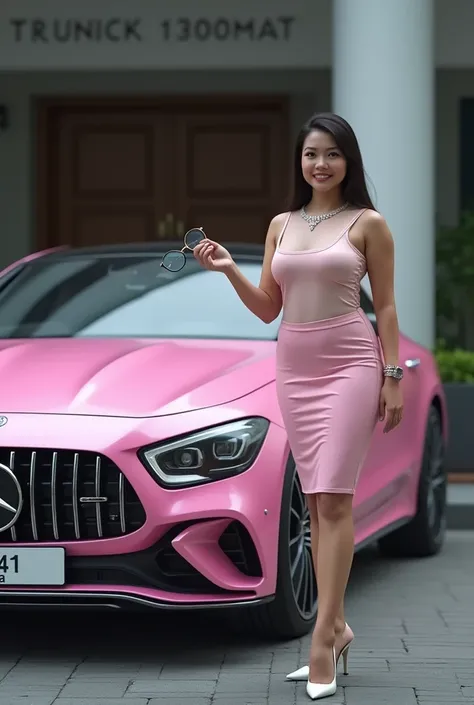 (photorealism:1.2), A beautiful Pinay chubby woman ((big breast:4.5)) wearing a pink transparent sleeveless. dark hazel straight hair woman wearing a white sleeveless, pencil skirt, white high heels, Wear jewelled stud, stand smile, beside a pink Mercedes ...