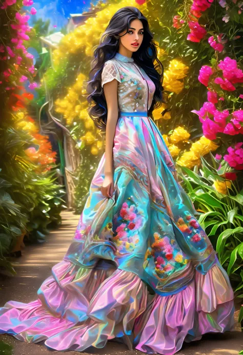 full-body(A Mexican girl with long flowing hair, in a Claude Monet-inspired garden,beautiful detailed eyes,beautiful detailed lips,extremely detailed eyes and face, long eyelashes, Impressionist techniques, vibrant colors, breathtaking visual effects, time...