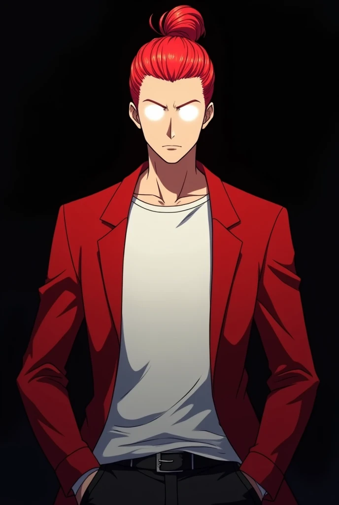 Make a man with short red hair tied with a bun , totally empty white eyes and wearing a white t-shirt and red overcoat and a black background with hands in pockets and looking at the camera in an arrogant and egocentric way.  anime style 