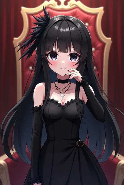 An anime-style illustration of a Roblox Girl character with black eyes and long black hair and white skin and wearing a black dress but not too much revealing and a black art feather deco hair clip and a mischevious face with black eyes and a black sleeve ...