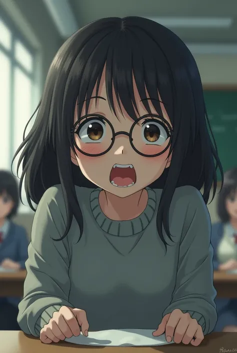 Its a woman 。 the teeth are small 。The eyes are small .The sweater is gray。 are round 。 the eyes are small 。 the eyes are small 。 she is very hungry 。Kamigachairo。This woman is in school。。 I have glasses。