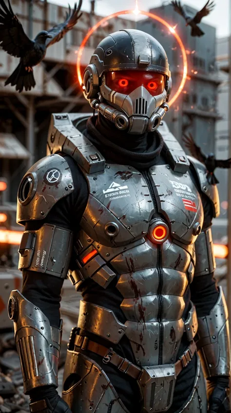 Futuristic man warrior with a gloomy, high-tech design in the shape of a crow. He wears a fully covered helmet, which appears armored, with glowing red eyes that project an air of menace. Their armor is designed for combat, with a focus on durability and f...