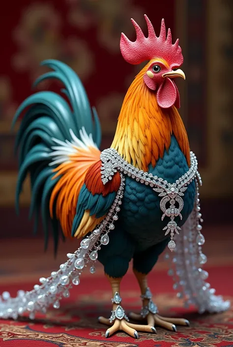  An aristocratic and magnificent chicken , the plumage has an orange-red-blue tone attached to an exquisite crystal.  The chicken wears a cloak-like jewelry made up of delicate crystal threads, thin cloak ,  still sees the beautiful plumage .  Chicken cres...