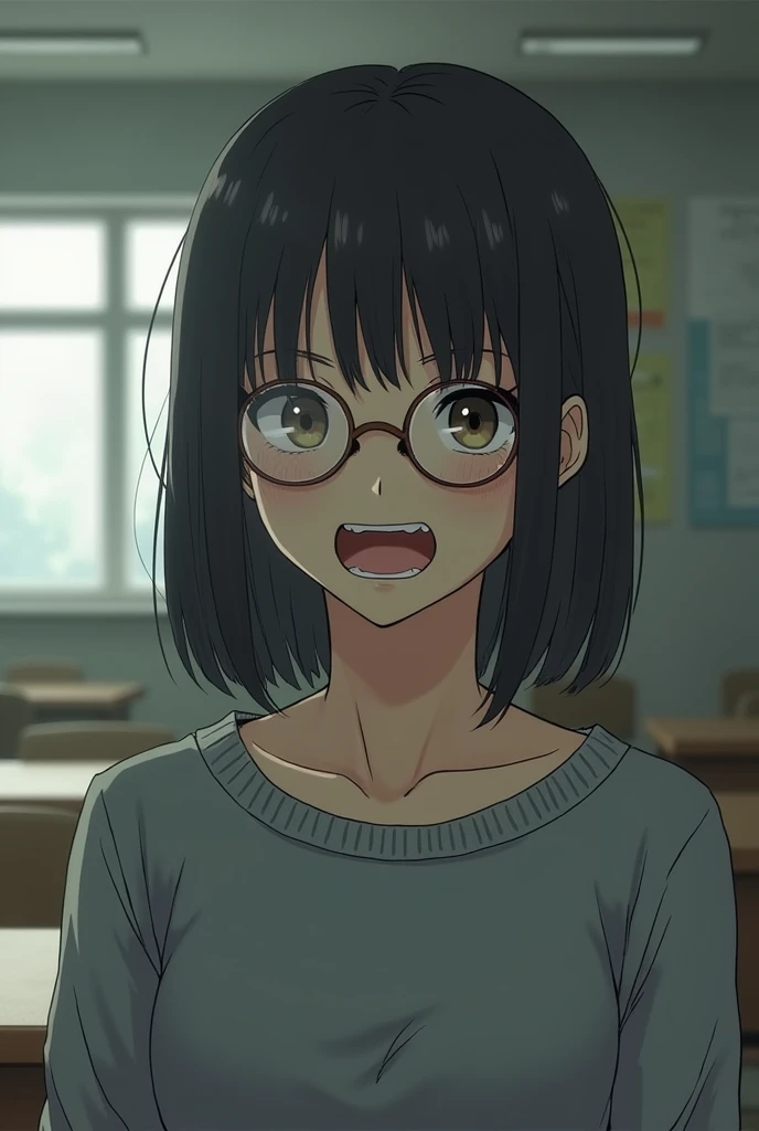 Its a woman 。 the teeth are small 。The eyes are small .The sweater is gray。 are round 。 the eyes are small 。 the eyes are small 。 she is very hungry 。Kamigachairo。This woman is in school。。 I have glasses。