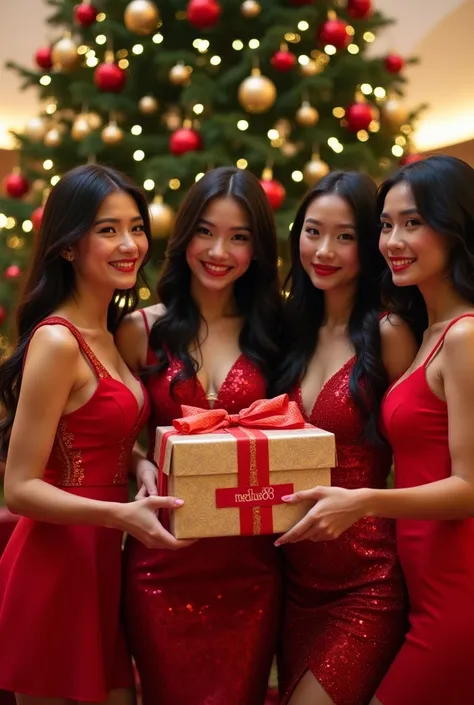 A group of beautiful & sexy Filipino girls wearing red and gold Christmas dresses (((Standing holding gifts that say "MEDUSA88",))) under the Christmas tree