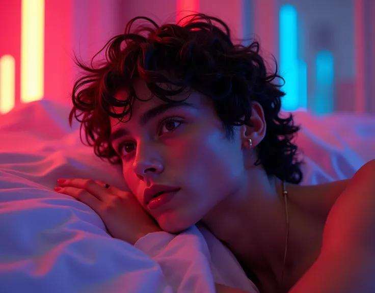 (a young adult male), cyberpunk, (Bed Pose), colorful neon lighting, stunning futuristic backdrops, Timothee Chalamet, close-up portrait, (best quality,4k,8k,highres,masterpiece:1.2),ultra-detailed,(realistic,photorealistic,photo-realistic:1.37),vivid colo...