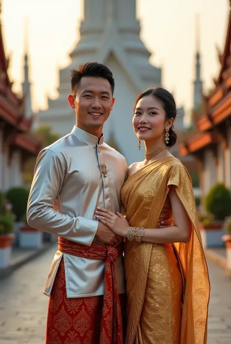 A medium shot of a beautiful dressed Asian couple in traditional Thai attire in red and gold tones, standing at Wat Arun Ratchawararam (Wat Arun) with its iconic and stunning prang as the backdrop.
The man is wearing a silver long-sleeved shirt paired with...