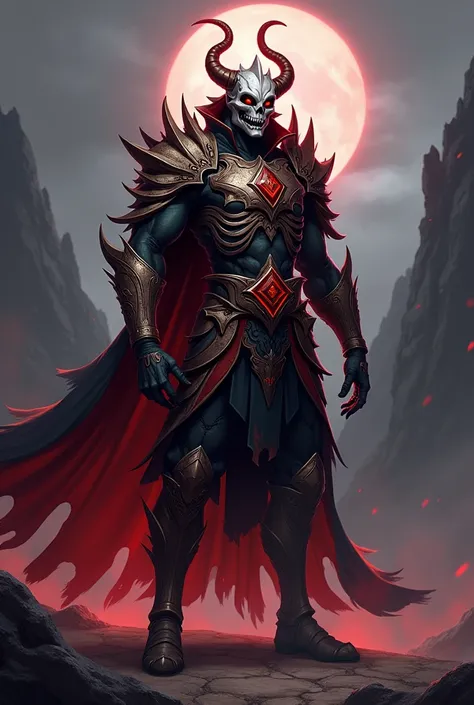 "Create a full-body, slightly evil character design inspired by Zhongli from Genshin Impact, blended with the Soul Land 2 aesthetic. The character should have an imposing aura with a dark earth-tone and crimson color palette, and wear a skeletal mask that ...