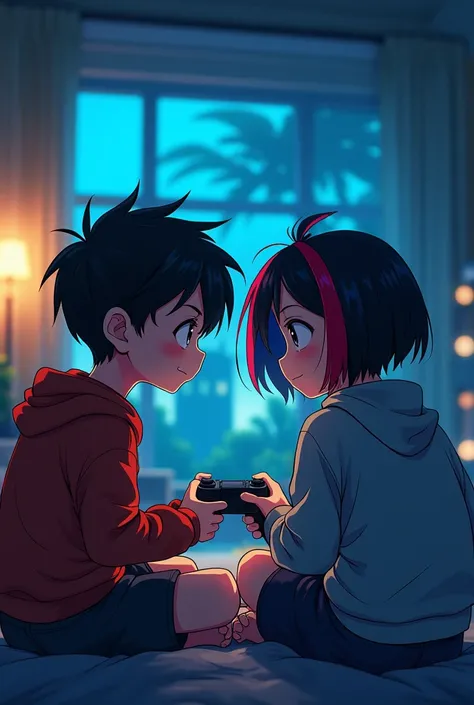 A small boy with black hair playing anime video games with shorter hair with colors red and black and blue

