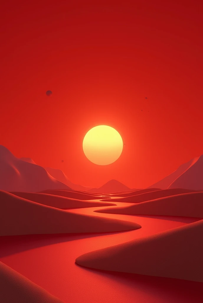 A sun that crosses it, a curved plane with a minimalist sunset in shades of red 