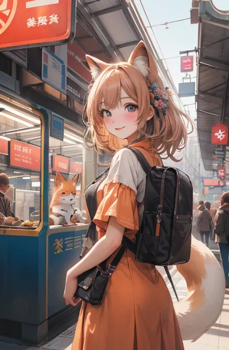 (  Masterpiece ),    best quality ,    super high resolution, ((A bustling station))，People passing by々 ，Station kiosks 、Its a cute baby fox with a tail， apricot hair 、Apricot-colored clothing、 smile，Professional photography，Wide angle