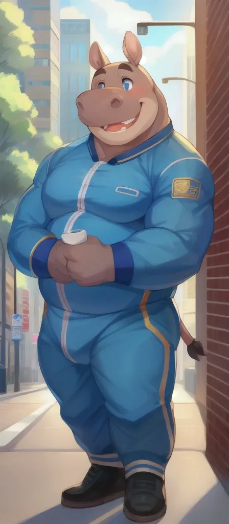  unique , male, Standing, street, Hippopotamus ,  blue military spacesuit , overweight,  muscular, giggle, By Chuni