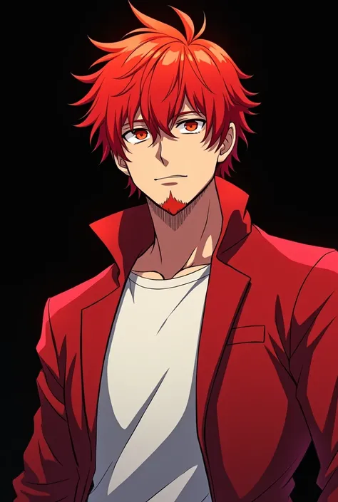 Make a man with medium red hair and a thin beard ,  eyes shining brightly in a strong blood red and wearing a white t-shirt and mostly red overcoat and a black background and looking at the camera arrogantly and with an egocentric smile.  anime style 