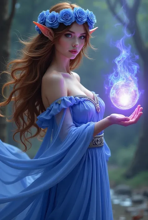 Elegant half elf-half nymph dressed in flowing gowns wearing a blue rose crown, carmel brown flowing hair, beautiful sexy eyes, in a magical background, casting a blue purple fire ball flame in her hand.