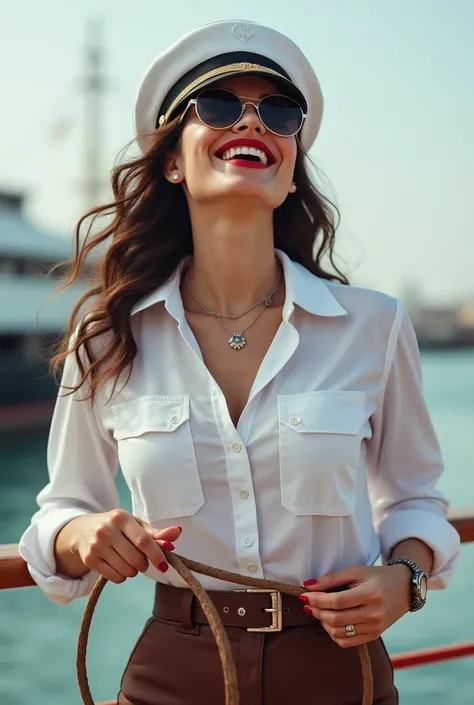 White curvy lady , wearing an white button-down bridge officer shirt, laughing with her mouth open, red lipstick accentuating her smile, accessorized with a stylish belt, holding a leather whip, jewerly, white skin, big wide hips, chest are fully grown, pi...