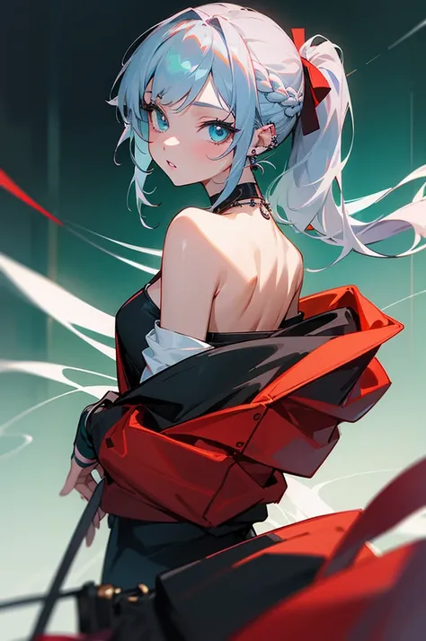 1girl, aqua eyes, back, bangs, bare shoulders, black gloves, blue eyes, braid, choker, earrings, fingerless gloves, from behind, gloves, grey hair, holding, jacket, jewelry, long hair, looking at viewer, looking back, nail polish, off shoulder, parted lips...