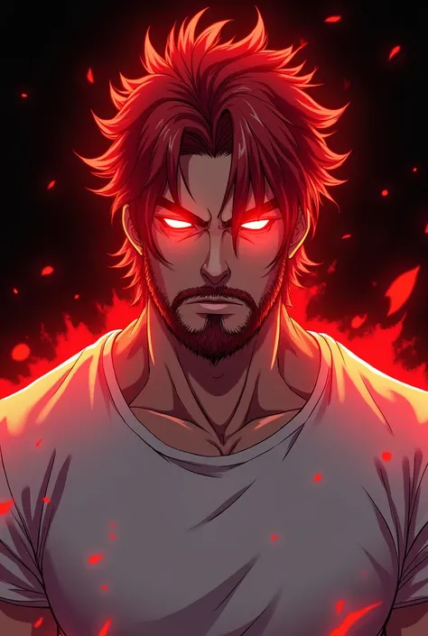 Make a man with medium red hair and a beard by making ,  eyes glowing in intense energy with a strong blood red and with a white t-shirt and mostly red and a black background and looking at the camera arrogantly and with an egocentric smile.  anime style 