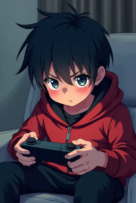 A small black-haired boy playing anime video games with shorter hair with serious red and black colors



