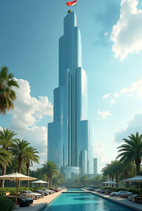 The skyscraper consists of 500 floors that reach the clouds with an unprecedented fantasy design. It is all made of glass and has a large garden around it and a huge swimming pool with many of the most luxurious cars in front of it, with the flag of Egypt ...