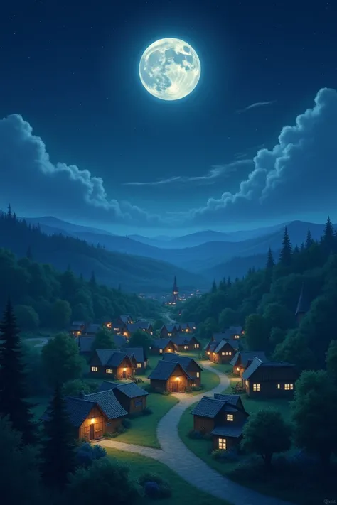 A small village at night ,  with a full moon shining brightly
