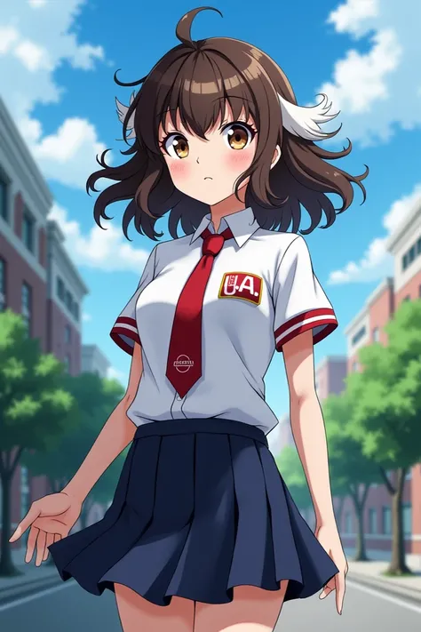  Screenshot my hero Academia A girl with slightly long curly brown hair with white locks,  brown eyes and off-white skin , wearing a UA uniform 