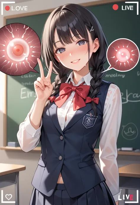 masterpiece, best quality, high quality, ultra detailed, extremely detailed, ultra-high res, best aesthetic, 8k),
(ultra-detailed face),

(only 1 ultra beautiful girl), (solo),
(standing against blackboard: 1.2),
(hand on stomach: 1.4), V-sign,

(from fron...