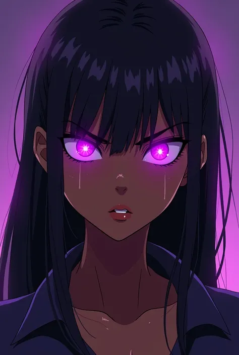  Make a smooth-haired black woman tied with a few loose threads in the front ,  eyes shining brightly in purple energy with a purple overcoat and a white T-Shirt, with an irritated and serious expression .  anime style 