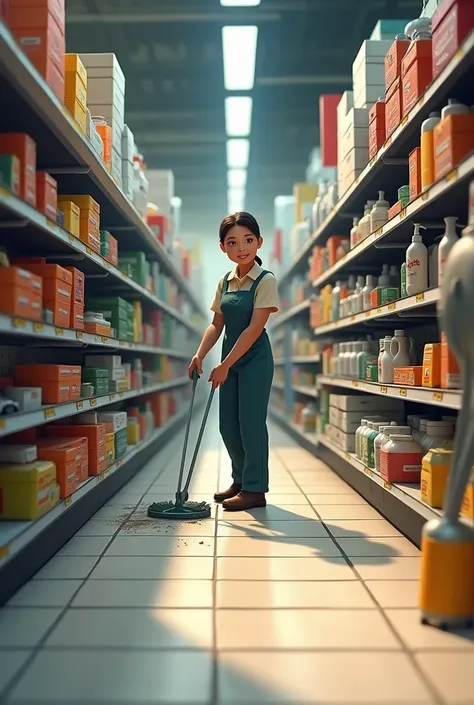 A cleaning woman cleaning the floor in a hardware store