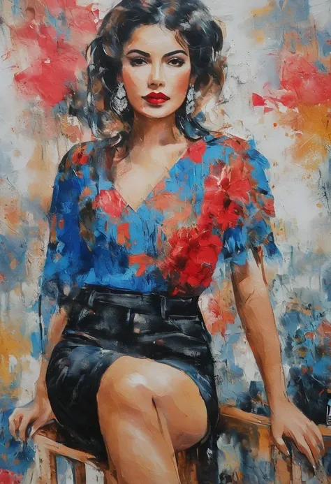 Modern urban Mexican woman, beauty，well proportioned, Denim skirt，black hair, Sexy and attractive red lips，portraitures，oil painted，inks，acrycle painting，tmasterpiece，Renaissance style，best qualtiy，A high resolution，super-fine，Eyes detailed，Face detailed，s...