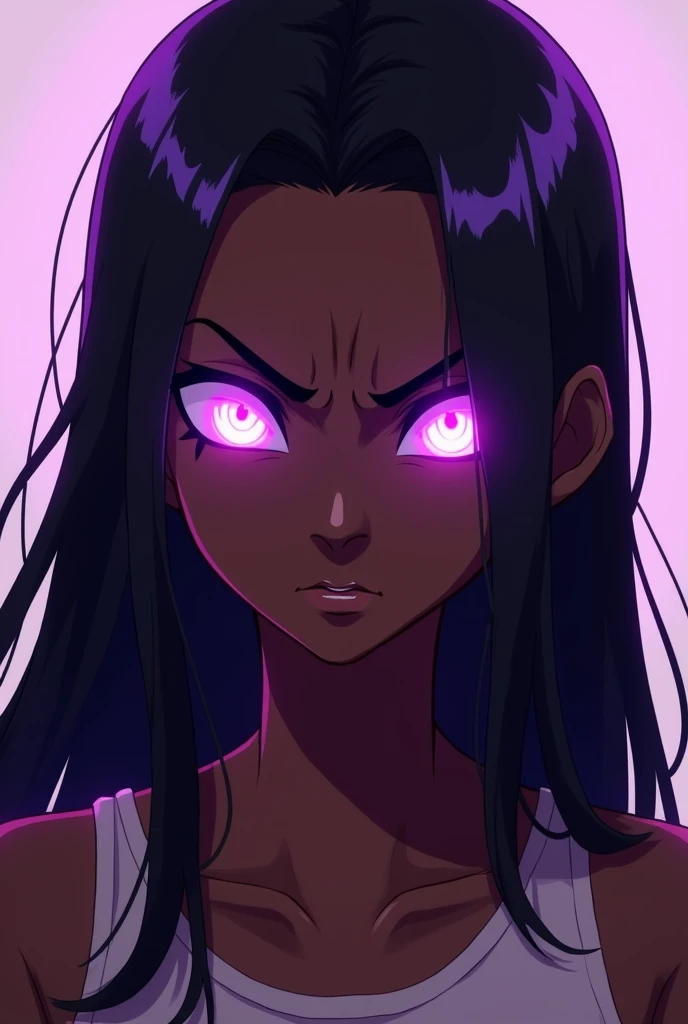  Make a smooth-haired black woman tied with a few loose threads in the front ,  eyes shining brightly in purple energy with a purple overcoat and a white T-Shirt, with an irritated and serious expression .  anime style 