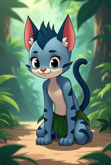 In 2D animation anime  , a young cat boy with a light blue color and dark blue and white stripes    , ANTHROPOMORPHIC, that is, on two legs  ,  in loincloths made of leaves  ,  the young cat boy is kneeling , and his arms are on the ground  , fists in the ...