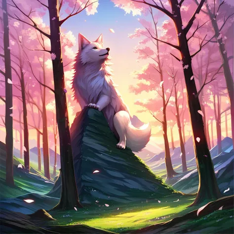 score_9, score_8_up, score_7_up,masterpiece,best quality ,ultra detailed,source_anime ,Anime style, (inubashiri_momiji), touhou, 1girl, red_eyes, white_hair,white wolf ear,white wolf tail, Standing on top of a big tree, gazing at the sunset in the distance...