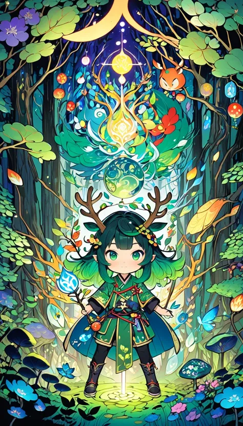 deformed characters 、 Japanese anime style chibi style 、1 person、Onmyoji、 A young adult with dark green hair and antlers on his head、long straight hair,  Symbols and elements of nature 、Illuminated, forested atmosphere .、 vibrant and energetic composition ...