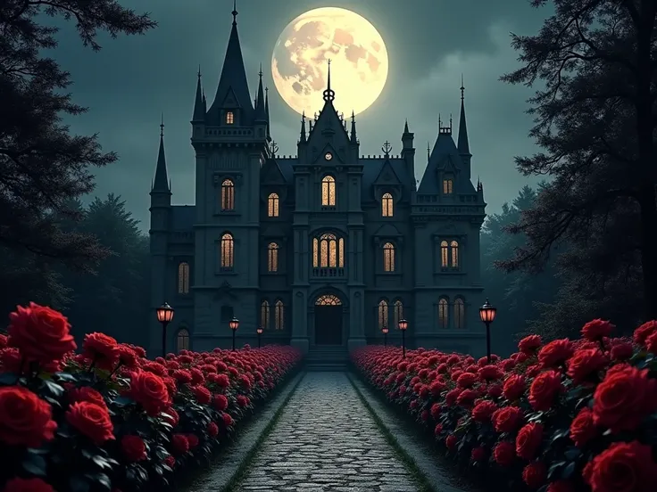 Gothic castle with red rose garden, Noche de luna llena.  very detailed, Baroque, 